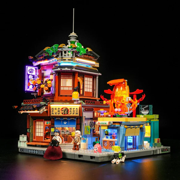 Fun Whole 17004 Japanese Cyberpunk Izakaya District LED night scene with 18 colored lights, cyberpunk neon signs and minifigures