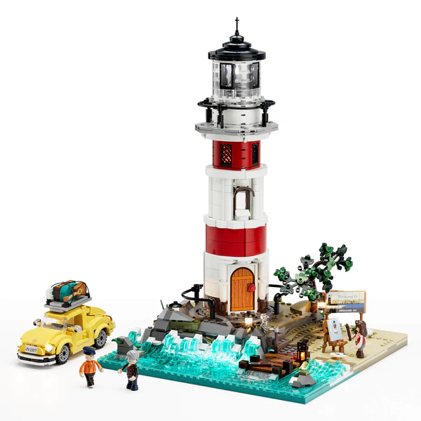 Lumibricks 18007 Sunrise Lighthouse – modular building set with LED effects, red and white lighthouse with coastal diorama
