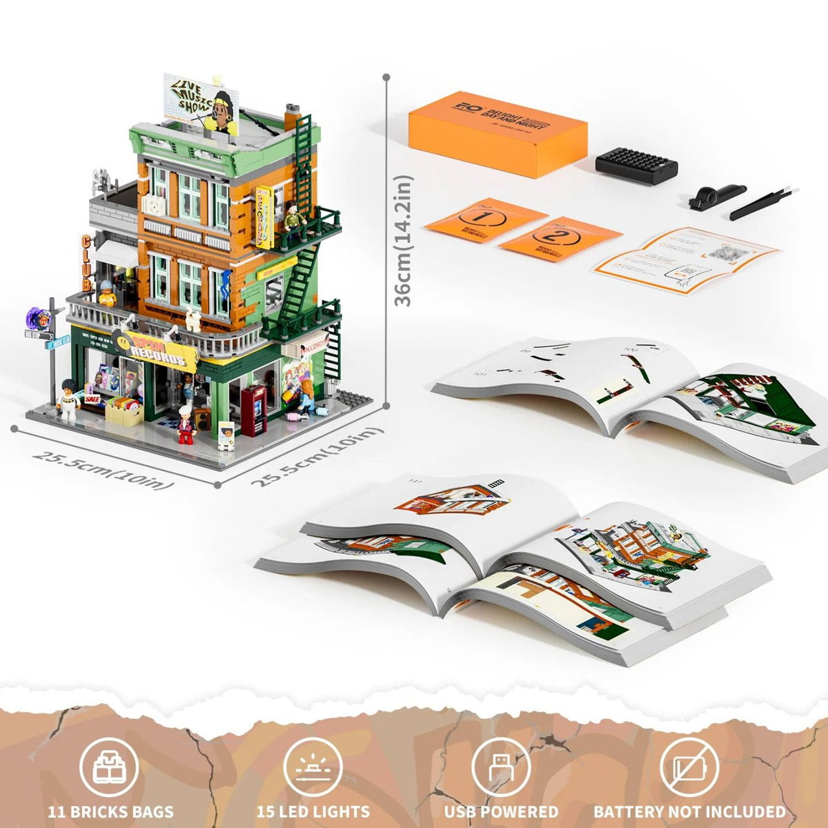 19003 Record Store 6 minifigures DJ rapper and street artist with three instruction manuals Lumibricks
