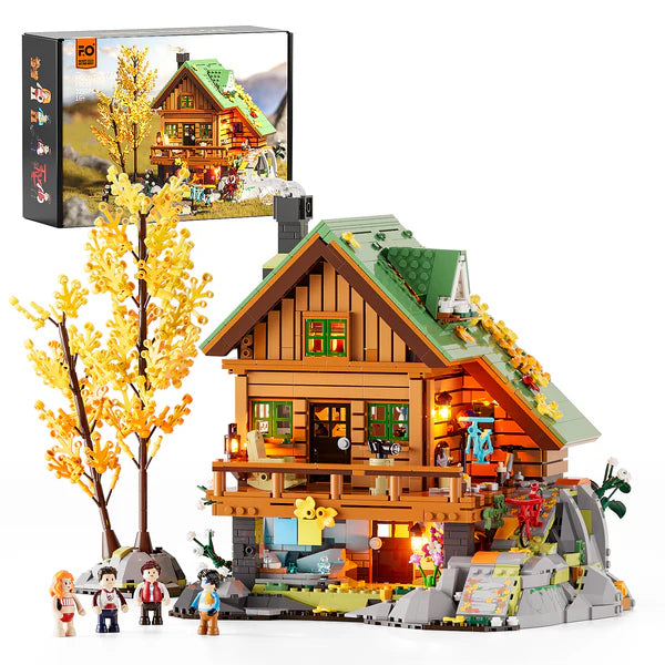 F9035 Mountain Cabin – Fun Whole illuminated brick chalet with hot springs and natural landscape, front view