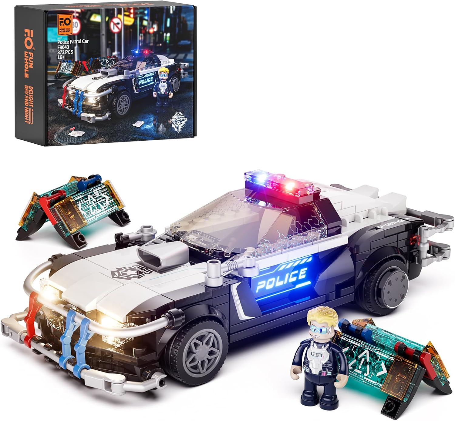Fun Whole F9043 Cyberpunk Police Car – LED brick building set with muscle car design, neon lights and futuristic cyberpunk aesthetic