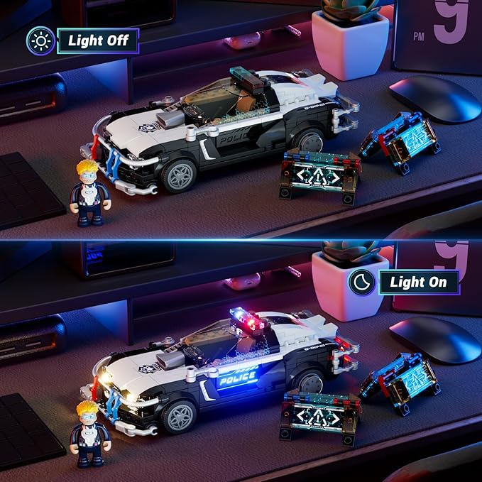Fun Whole F9043 Cyberpunk Police Car with 8 LED lights, illuminated license plates, barricades and chase scene accessories