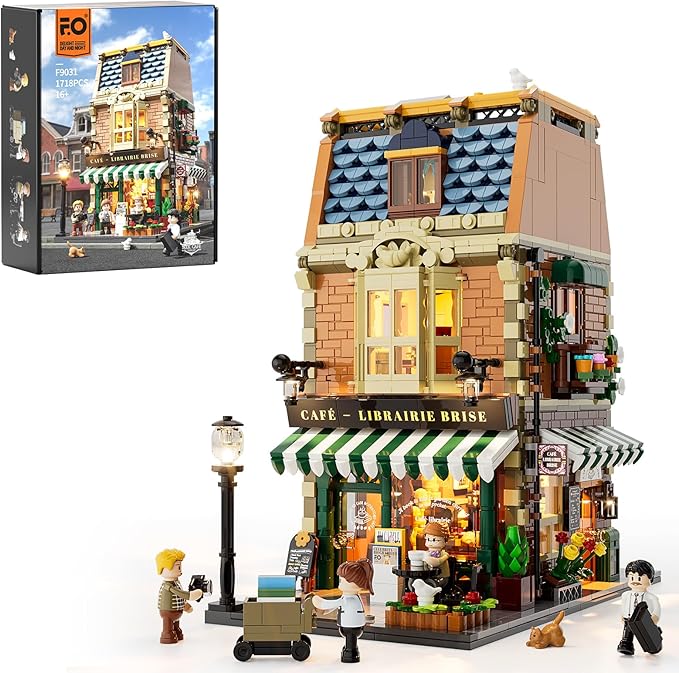 Fun Whole F9031 Illuminated Modular Bookshop-Cafe – LED building set with European 1990s architecture and warm lighting