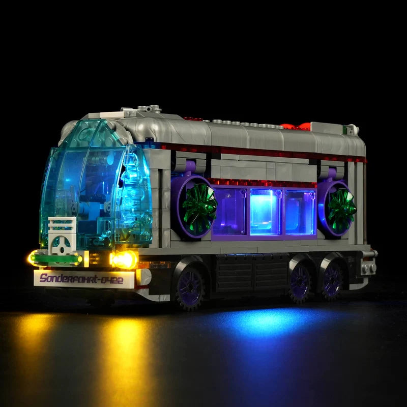 Lumibricks 17003 Future Bus – dark background night display with blue and yellow LED lighting on six-wheel cyberpunk vehicle
