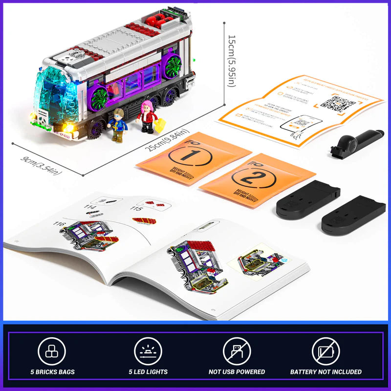 Lumibricks 17003 Future Bus – dimensions 25x9x15cm, 5 LED lights, 5 brick bags, instruction booklet and battery compartment included