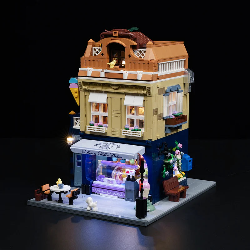 Fun Whole 15005 Gelato Store – 3/4 angle view with LED lighting and detailed European modular facade