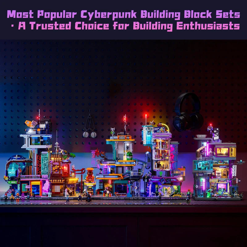 LUMIBRICKS cyberpunk building set collection – Cyber Couture Galleria displayed alongside other LED modular city sets