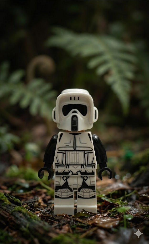 SW1514 Imperial Scout Trooper LEGO Star Wars minifigure - belt with small dots on back, dark brown eyebrows, frown