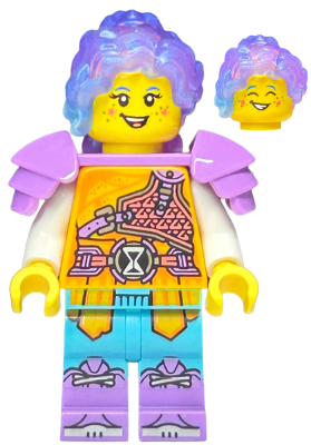 LEGO DREAMZzz Izzie minifigure with purple curly hair, lavender armor, orange printed torso and teal legs, alternate smiling face