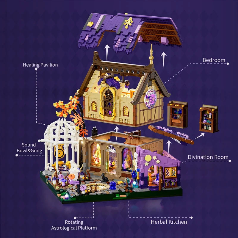 Luna Cottage LUMIBRICKS exploded view – Bedroom, divination room, rotating astrological platform and herbal kitchen