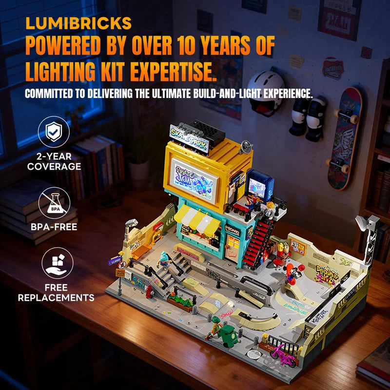 Lumibricks 19011 Skate Park 32x48 baseplate LED nighttime display with independent battery compartments