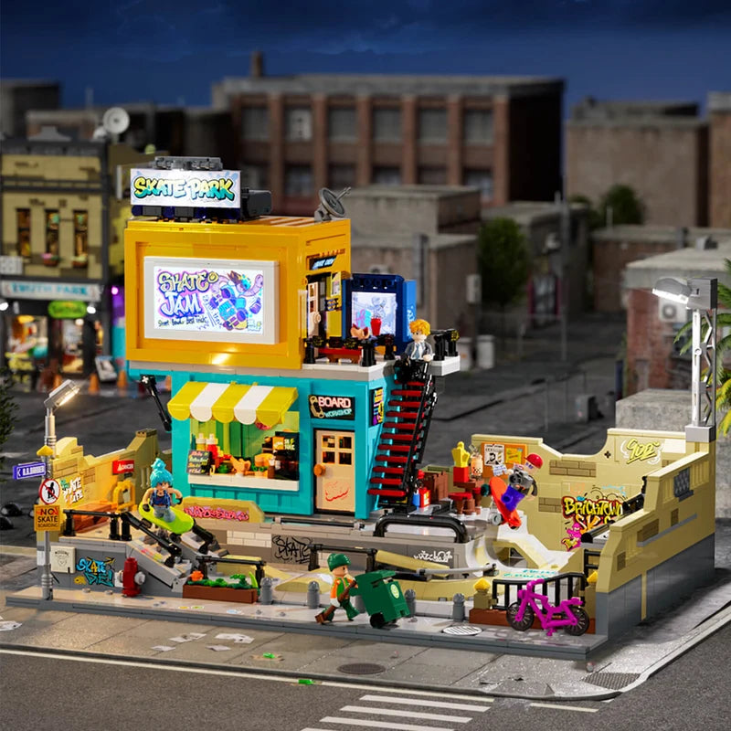 19011 Skate Park bowl stairs ramps and rails with dynamic minifigure poses modular street scene Lumibricks