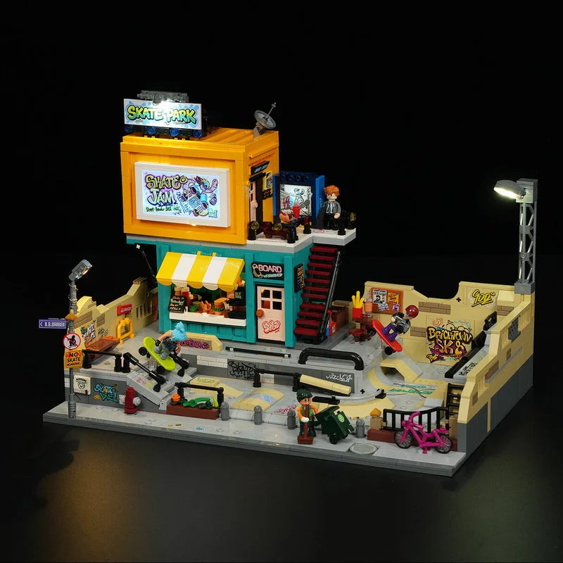 Lumibricks 19011 Skate Park modular urban night skate diorama with 7 LED lights graffiti walls and neon signs