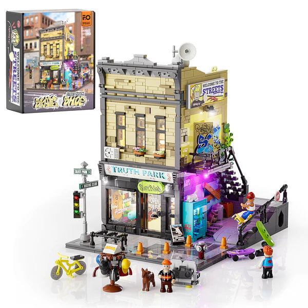 Illuminated Urban Skate Shop – LED modular building set, front view