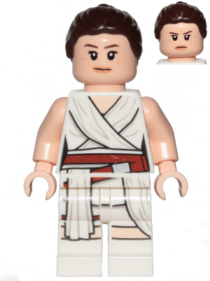LEGO Star Wars Rey minifigure in white tied robe with red belt, alternate face included