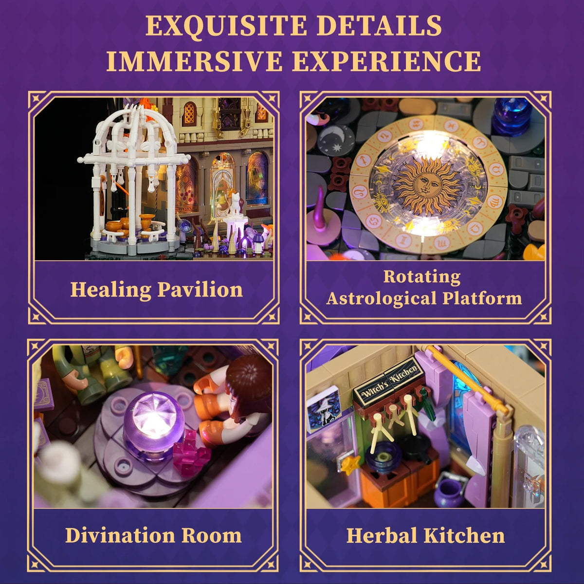 Détails intérieurs Luna Cottage LUMIBRICKS – Pavillon de guérison, plateforme astrologique LED, salle de divination et cuisine sorcière