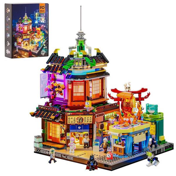 Fun Whole 17004 Japanese Cyberpunk Izakaya District – modular building set with neon LED lights, ramen shop and izakaya bar