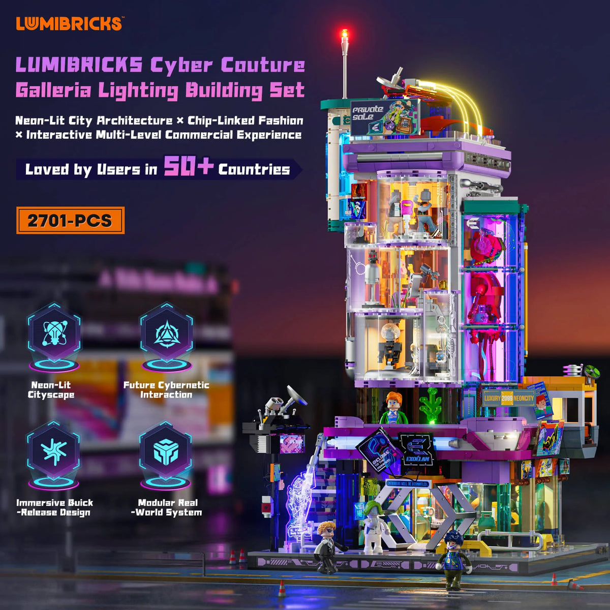 LUMIBRICKS Cyber Couture Galleria 2701-piece building set – Neon-lit cityscape, modular design, cybernetic interaction and quick-release system