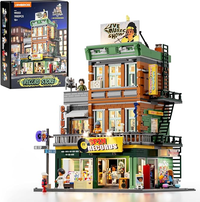 Lumibricks 19003 Record Store modular 90s Brooklyn hip-hop building with LED lighting graffiti walls and neon signs
