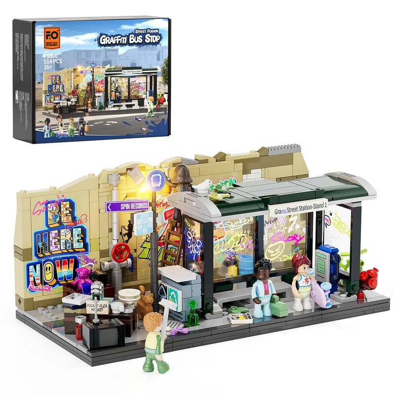 Lumibricks 19004 Graffiti Bus Stop modular 90s NYC street scene with LED lighting graffiti walls and manhole covers