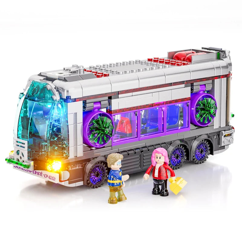 Lumibricks 17003 – side view of cyberpunk bus in ground mode with purple neon cabin lights, turbo wheels and 2 minifigures