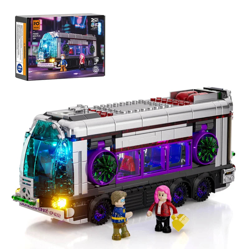 Lumibricks 17003 Cyberpunk Future Bus – 2-in-1 building set with neon LED lights, 2 minifigures and packaging box, 605 pcs