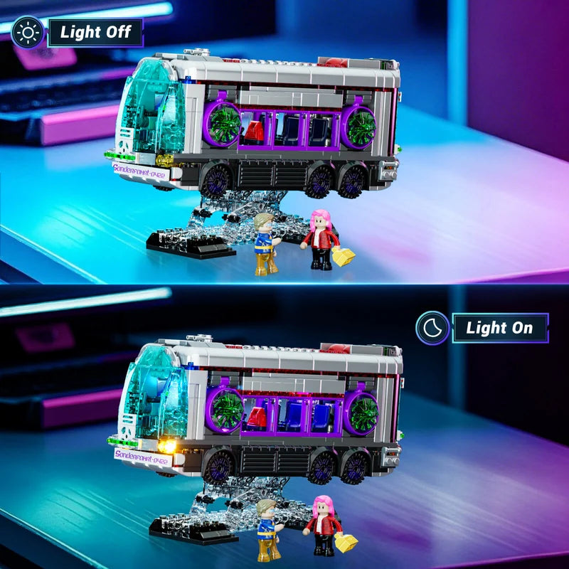 Lumibricks 17003 – light off vs light on comparison showing neon LED effect on cyberpunk bus with minifigures on desk display
