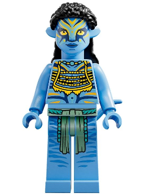 LEGO Avatar Neytiri minifigure with blue Na'vi skin, yellow armor, teal war paint and dark braided hair