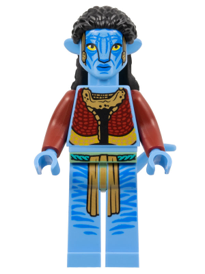 LEGO Avatar Mo'at minifigure with blue Na'vi skin, dark hair, red ceremonial vest and golden necklace