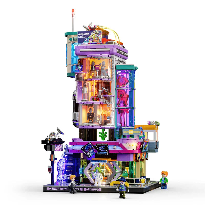 Cyber Couture Galleria LUMIBRICKS – Multi-floor futuristic fashion tower with LED lighting, functional elevator and minifigures, white background
