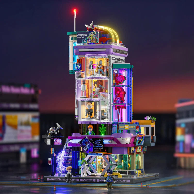 Cyber Couture Galleria LUMIBRICKS – Cyberpunk fashion tower with 22 LED lights and minifigures, night cityscape display