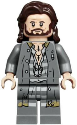 LEGO Harry Potter Sirius Black minifigure with long dark hair, beard and Azkaban prison outfit