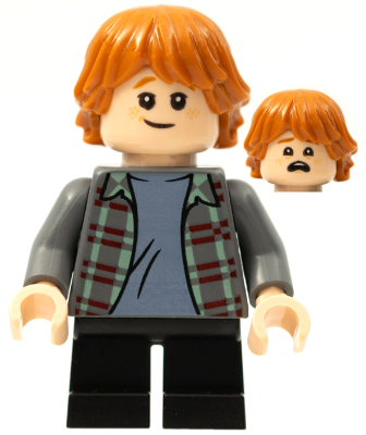 LEGO Harry Potter Ron Weasley minifigure with red hair, plaid shirt, black short legs and alternate scared face