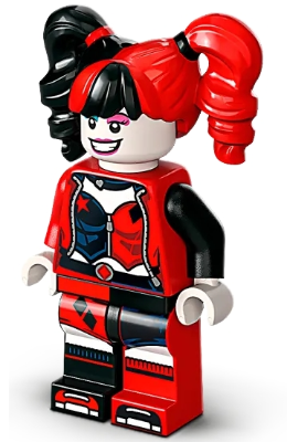 LEGO DC Harley Quinn minifigure with red and black pigtails, dark azure and dark pink eye shadow and red diamond outfit