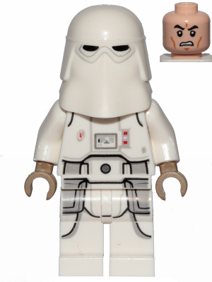 LEGO Star Wars Snowtrooper minifigure with white armor, printed legs, dark tan hands and alternate angry face
